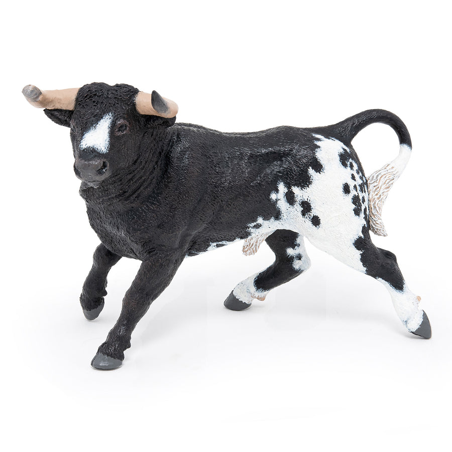 Figurine Taureau espangol noir et blanc Papo en PVC, Collection Vie à la ferme, jouet éducatif idéal pour enfants et collectionneurs